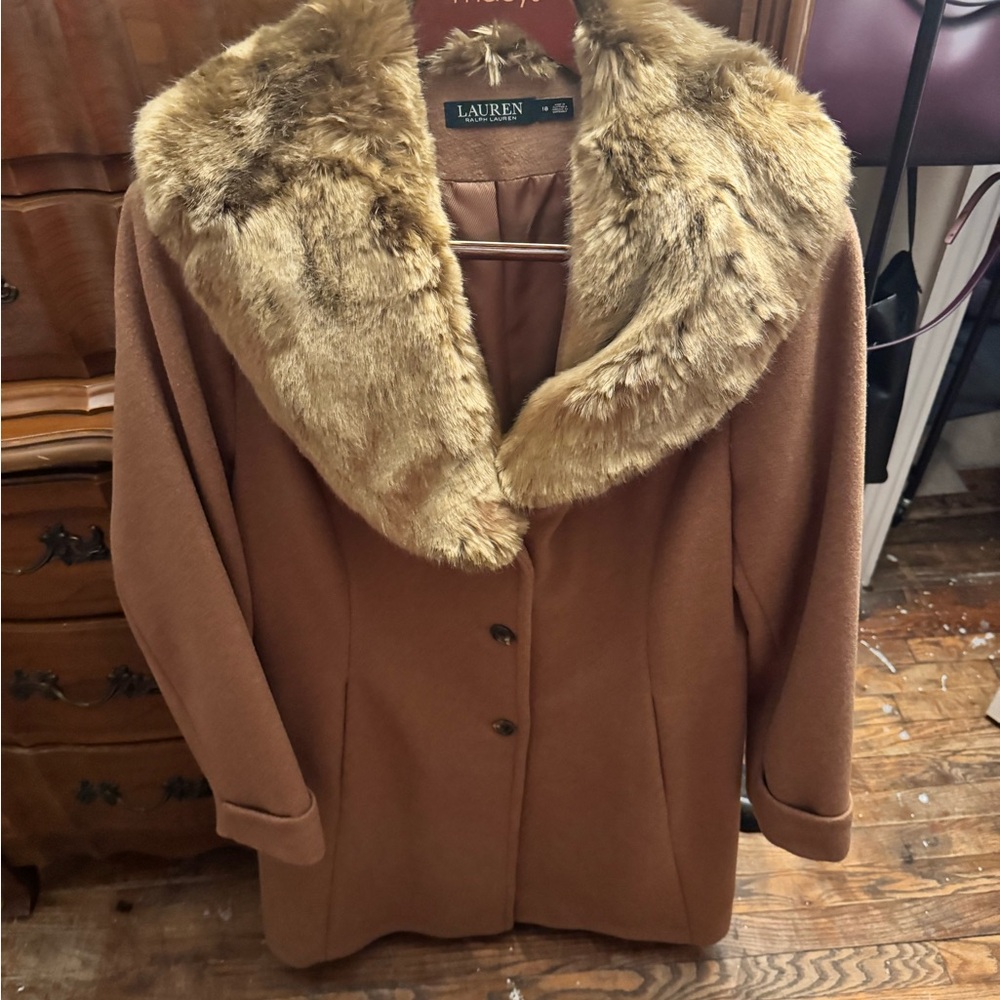 Ralph Lauren Tan Pea Coat with Faux Fur Collar